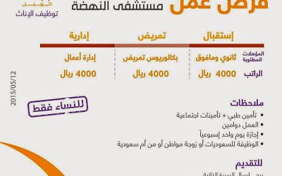 مستشفى النهضة في #الطائف وظائف نسائية استقبال وتمريض وإدارية