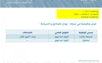 شركة بودل للفنادق والسياحة وظائف نسائية استقبال ومنسقة حفلات بالرياض