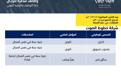 شركة خطوط الصوت وظائف إداري ومندوب تسويق وسائق باص