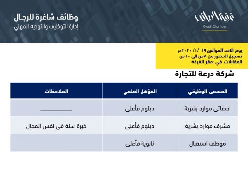 شركة درعة للتجارة وظائف اخصائي موارد ومشرف وموظف استقبال